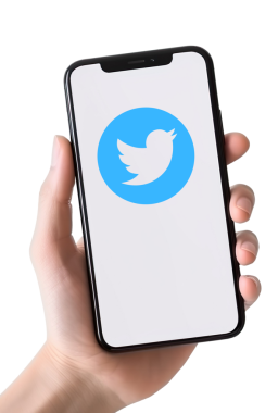 Twitter logosu olan bir cep telefonunu editoryal kullanım için hafif ekran dikey grafik kaynağında tutuyorum. Beyaz veya şeffaf arkaplan