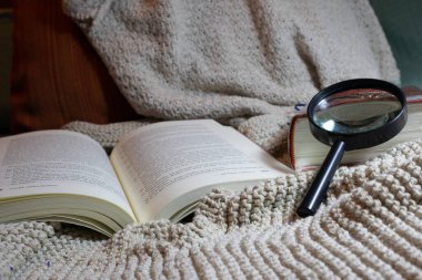 Örgü örülmüş bir battaniyenin üzerinde açık bir kitap ve büyüteç, araştırma ve eğitim için rahat bir okuma, çalışma ve gevşek bir eğlence sahnesi yaratıyor.