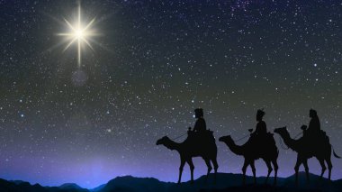 Beytüllahim yıldızını takip eden üç bilge adam. Geniş yatay çekim. Mesaj için yer var. Proje geçmişi için mükemmel