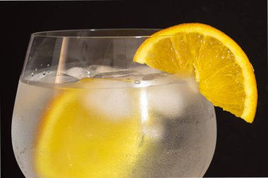 Yaz partileri için soğuk ve meyveli bir içecek konsepti sunan saplı bardaktaki cin tonik kokteylinin yatay resmi.