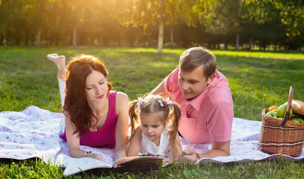 Jovem família feliz fazendo piquenique no prado — Fotografia de Stock