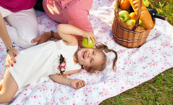 Gelukkige jonge familie hebben picnic op weide Stockfoto