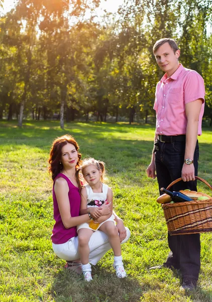Jovem família feliz fazendo piquenique no prado — Fotografia de Stock