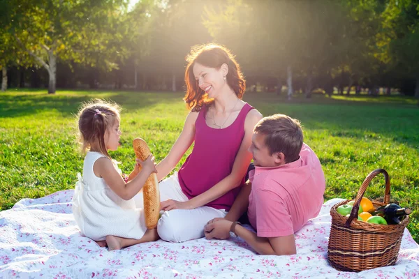 Jovem família feliz fazendo piquenique no prado — Fotografia de Stock