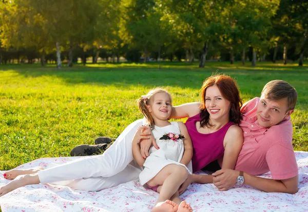 Jovem família feliz fazendo piquenique no prado — Fotografia de Stock