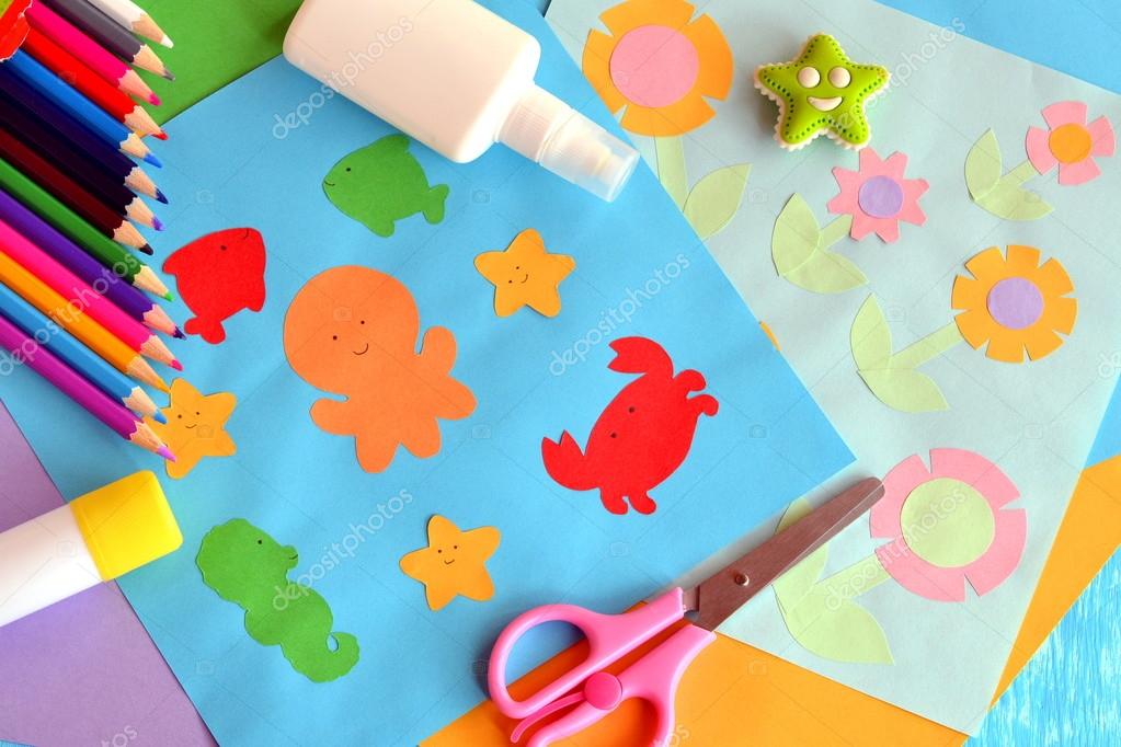 Kids project idea using a colored paper. Summer paper applique cards Stock  Photo by ©OnlyZoia 112827654
