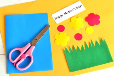 Scissors, set for card, paper flowers, words Happy mother's day - kids paper crafts clipart