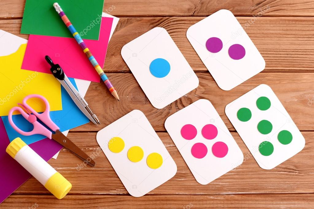 preschool art lesson background with copy space - colorful paper, pencils,  glue and scissors Stock Photo