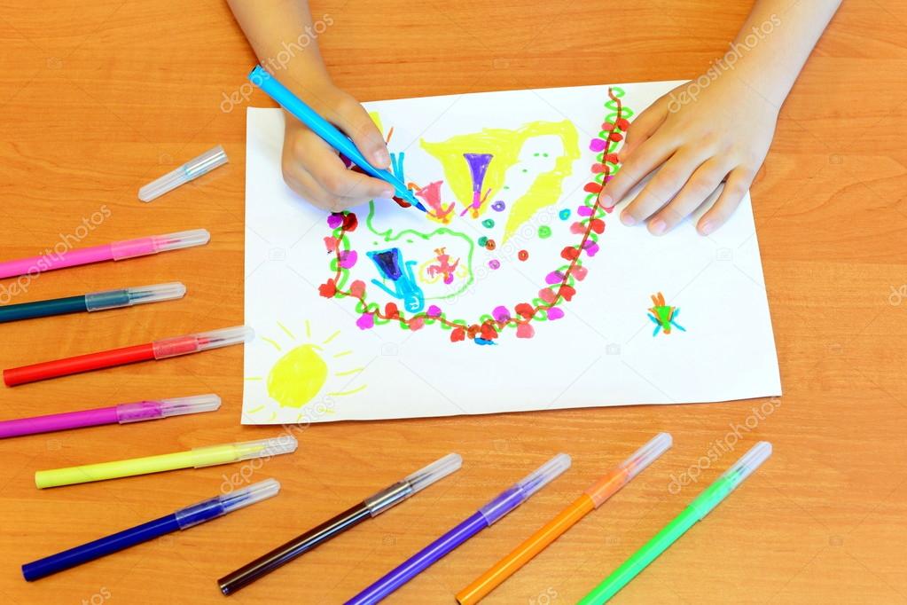 Kids Drawing with Pencils and Felt Pens at Home Stock Footage