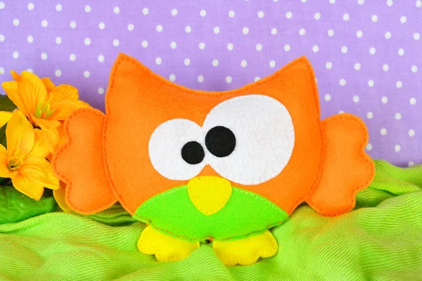 Cute orange owl. Handmade toy for children. Kids sewing crafts. Needlework idea — Stock Photo, Image