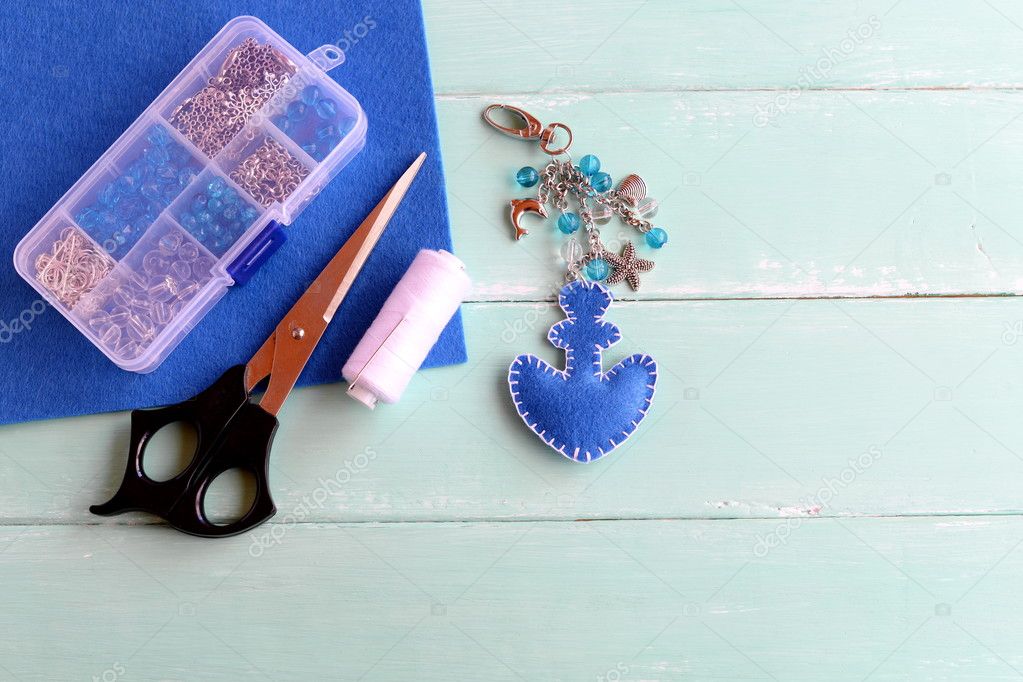 Handmade Blue Beaded Bag Charm Key Chain With Flower Charm