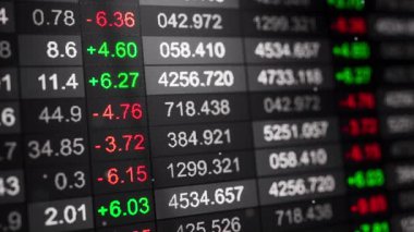 Siyah ekranda kırmızı ve yeşil fiyat değişiklikleri ve sayısal satırları olan, ticaret, finans, haber ve analitik için ideal bir borsa saatinin 3 boyutlu kusursuz animasyonu.