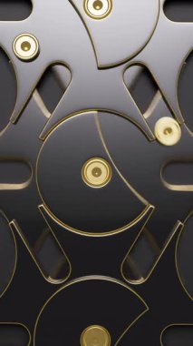 Bir dişli mekanizma grubunun üç boyutlu animasyonu. Yakın plan. Odaklanmayın