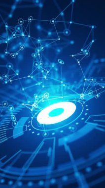 Dijital arayüzün üzerinde parlayan veri düğümlerinin geleceksel döngü animasyonu. Yapay zeka, engelleme zinciri ya da sanal teknoloji kavramları için mükemmel.