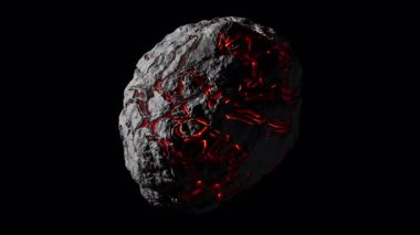 Uzaylı asteroit dönüşünün 3 boyutlu animasyonunu çeviriyorum. Alevli kırmızı lav, asteroidin yok olmuş yüzeyinde akıyor. Uzayda bir nesnenin döngüsel yavaş dönüşü. Alfa Kanalı ile Dosya.