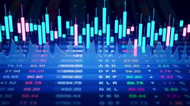 Parlayan şamdan grafikleri ve pazar verilerinin 3 boyutlu animasyonu. Hisse senedi ticareti, fintech, analitik ve yatırım temaları için dinamik mali zemin ideal.