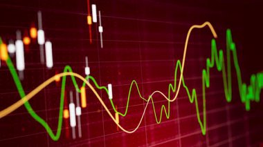 Ticaret, finans, şifreleme ve piyasa analizi için ızgara ekranında parlayan çubuklar ve akış göstergesi çizgileri olan üç boyutlu kırmızı şamdan animasyonu.