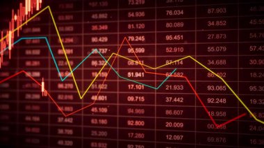 Işıldayan çubuklar, ızgara numaraları ve kesişen trend çizgileri olan, ticaret, hisse senedi, ön ödeme ve piyasa analizi için ideal kırmızı bir finans şamdanı çizelgesinin kusursuz 3D animasyonu.