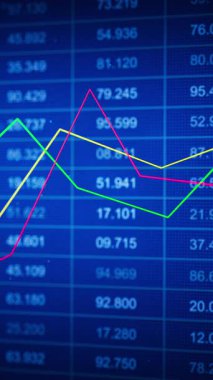 İş medyası için değişkenlik, teknik göstergeler ve yatırım analizleri gösteren, hareketli çizgi grafikleri olan koyu mavi bir veri panosu üzerine 3D hisse senedi fiyat mumları döşeme.