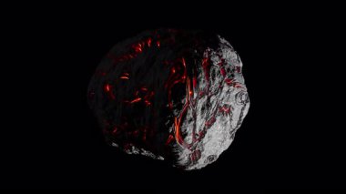 Uzaylı asteroit dönüşünün 3 boyutlu animasyonunu çeviriyorum. Alevli kırmızı lav, asteroidin yok olmuş yüzeyinde akıyor. Uzayda bir nesnenin döngüsel yavaş dönüşü. Alfa Kanalı ile Dosya.