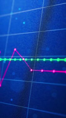 Fütürist dijital arkaplan üzerinde kayan, hisse senedi hareketi, analitik ve modern finansal verileri gösteren, canlı yeşil ve pembe piyasa grafiklerinin kusursuz bir üç boyutlu animasyonu..