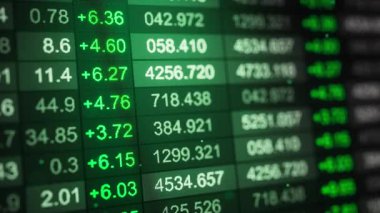 Yeşil fiyat değişiklikleri ve kara ekranda sayısal satırlar olan, ticaret, finans, haber ve analitik için ideal bir borsa saat tablosunun kusursuz 3D animasyonu.