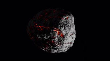 Uzaylı asteroit dönüşünün 3 boyutlu animasyonunu çeviriyorum. Alevli kırmızı lav, asteroidin yok olmuş yüzeyinde akıyor. Uzayda bir nesnenin döngüsel yavaş dönüşü. Alfa Kanalı ile Dosya.