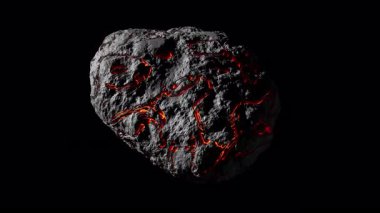 Uzaylı asteroit dönüşünün 3 boyutlu animasyonunu çeviriyorum. Alevli kırmızı lav, asteroidin yok olmuş yüzeyinde akıyor. Uzayda bir nesnenin döngüsel yavaş dönüşü. Alfa Kanalı ile Dosya.