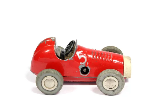 Ένα Vintage Classic Toy Tin Racing Car Λευκό Φόντο — Φωτογραφία Αρχείου