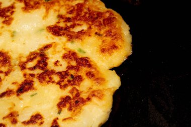 CLose up of fried potato cake fritter toasted brown tasty