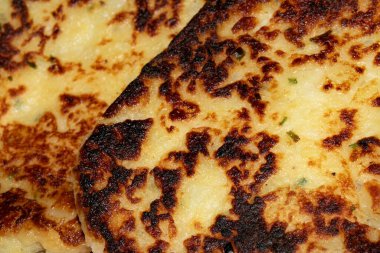 CLose up of fried potato cake fritter toasted brown tasty