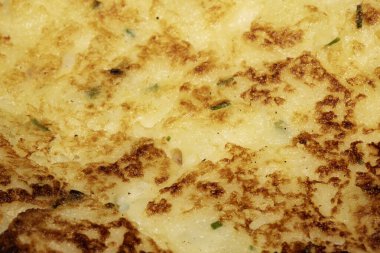 CLose up of fried potato cake fritter toasted brown tasty