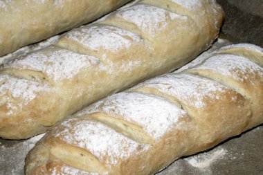 Taze ev yapımı baget ekmeği fırından yeni çıkmış ve hala pişirme tepsisinde duruyor.