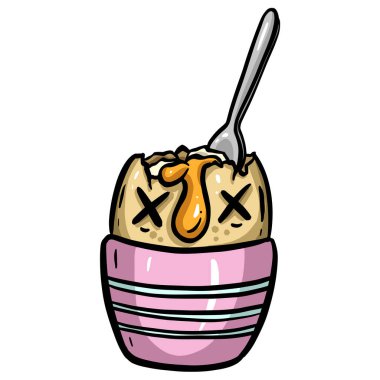 Kahvaltı için yumurta karakterini kaynatan çizgi film maskot çizimi.