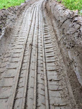 Çamurlu Kalın Çamurlu Tekerlek İzlerini Kapatın Çimenler ve Tarlalarda Dolaşan Ülke Yolunda.