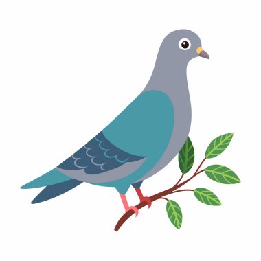 Pigeon Sitting on Branch with Leaves Vector Illustration