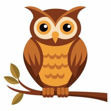 Owl Sitting on Branch with Leaves Vector on White Background