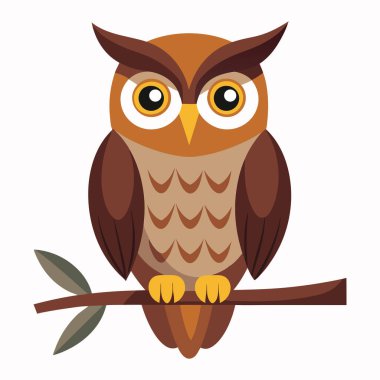 Owl Sitting on Branch with Leaves Vector on White Background