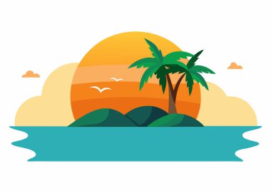 Beach Island Sunset Vector Illustration Isolated on White