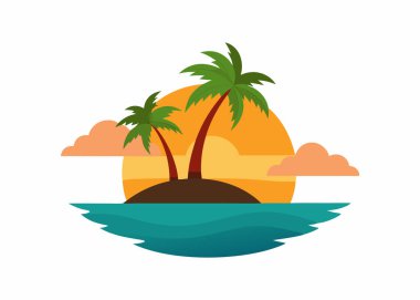 Beach Island Sunset Vector Illustration Isolated on White