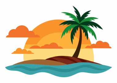 Beach Island Sunset Vector Illustration Isolated on White