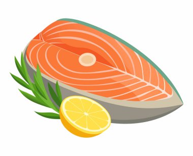 Otlu somon bifteği, limon ve biberiye vektörü çizimi.