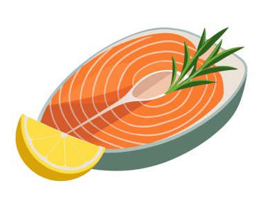 Otlu somon bifteği, limon ve biberiye vektörü çizimi.
