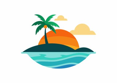 Beach Island Sunset Vector Illustration Isolated on White