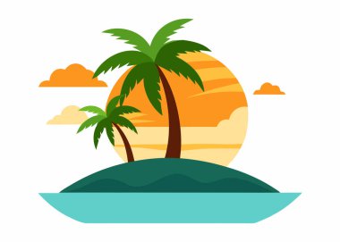 Sunset on Tropical Island Vector Illustration