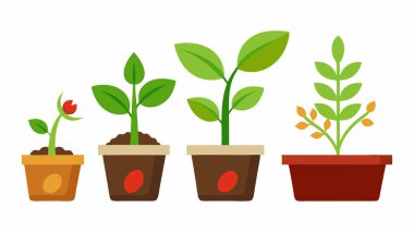 Seramik Saksıda Genç Bitki Düz Botanik Çizimi