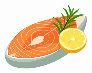 Otlu somon bifteği, limon ve biberiye vektörü çizimi.