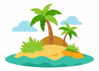 Beach Island Vector Illustration Isolated on White | Oceanfront Island Illustration Isolated Vector