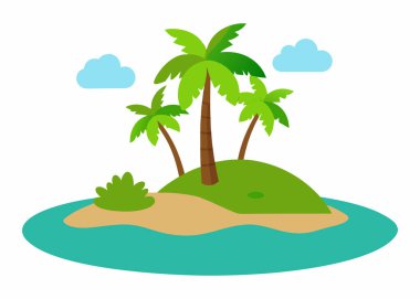 Beach Island Vector Illustration Isolated on White | Oceanfront Island Illustration Isolated Vector