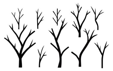 Cadılar Bayramı tasarımı için dalları bükülmüş siyah ürkütücü ölü ağaç siluetleri.